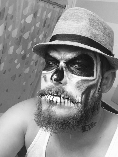 Men’s day of the dead skull face Men’s Skull Face Paint, Mens Skeleton Makeup With Beard, Day Of The Dead Makeup Men Beard, Skull Makeup Men Beard, Skull Makeup With Beard, Halloween Makeup For Men With Beards, Skull Makeup Beard, Halloween Face Paint For Men, Beard Halloween Makeup