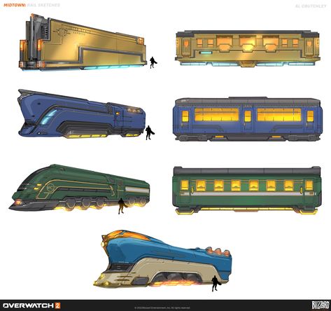 ArtStation - Overwatch 2 - Midtown Neon Cyberpunk Aesthetic, Train Concept, Lindsay Johnson, Sci Fi Building, Train Projects, Future Transportation, Props Art, Luxury Train, Train Art