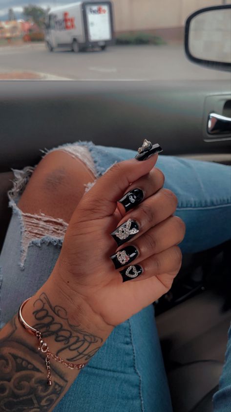 Short Black Nails Designs Classy, Black Nails With Rhinestones Short, Black Charm Nails, Y2k Short Junk Nails, Acrylic With Charms, Black Shorties Acrylic Nails, Black Nail Sets Acrylic, Black And White Nails With Charms, Short Black Nails With Charms