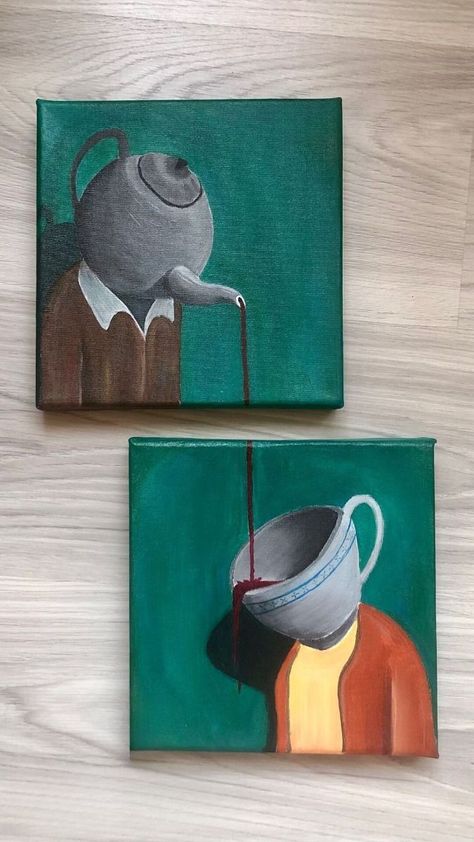 Painting Ideas On Canvas Classic, Aesthetic Drawings Canvas, Canvas Coffee Painting, Canvas Painting Ideas For Gifting, Moms Birthday Painting Ideas, Tea Cup Art Painting, Painting Aesthetic Ideas On Canvas, Aesthetic Green Painting Ideas, Tea Canvas Painting