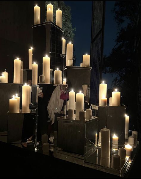 Candles On Stage, Candle Wedding Entrance, Candles Wedding Decor, Candle Installation, Candle Light Dinner Ideas, Candle Lit Wedding Dinner, Aisle Candles, Antique Bookshelf, Candle Lit Reception