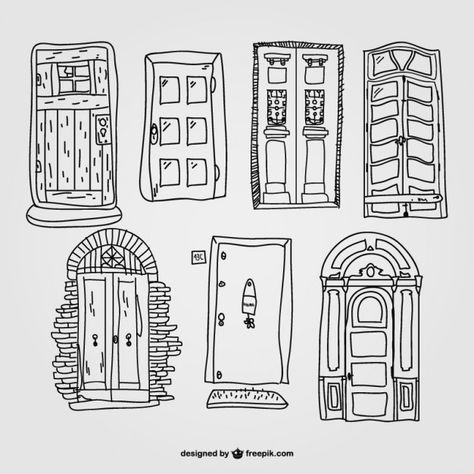 Door Design Drawing, Door Doodle, Door Clipart, House Doodle, Arte Doodle, Watercolor Architecture, Retro Vector, Wood House, House Illustration