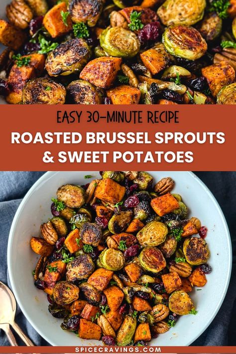 Easy, 30-minute recipe for crisp Roasted Brussel Sprouts and Sweet Potatoes tossed with cumin, paprika, cayenne, dried cranberries, and pecans. Brussel Sprouts And Sweet Potato Recipe, Brussel Sprouts And Sweet Potatoes, Potato Delight, Sprouting Sweet Potatoes, Oven Roasted Sweet Potatoes, Roasted Potato Recipes, Roasted Vegetable Recipes, Roasted Brussel, Sprout Recipes