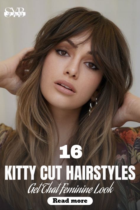 Kitty cut featuring face-framing waves for added definition Kitty Cut Hair Long, Kitty Cut Hair 2024, Kitty Cut Hair, Kitty Haircut, Cat Haircut, Long Hair Designs, Enhance Natural Beauty, Wavy Layers, Soft Bangs