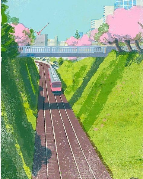 Tatsoru Kiuchi Train Bridge Drawing, Pink Green Illustration, Watercolour Resist, Tatsuro Kiuchi, Bridge Illustration, Pink Train, Train Drawing, Train Illustration, Japan Train