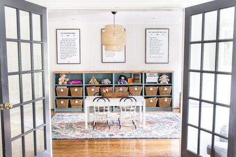 Playroom Makeover Reveal - Bless'er House Shiplap Playroom, Project Playroom, Playroom Curtains, Stylish Playroom, Neutral Playroom, Kids Playroom Wall Art, Loft Playroom, Colorful Doors, Playroom Makeover