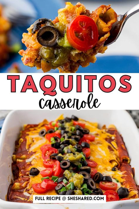 Easy Taquitos Casserole Recipe (Lazy Enchiladas) Taquitos Casserole Recipe, Taquitos Casserole, Taquito Enchilada Casserole, Taquito Casserole Recipe, Taquito Casserole, Easy Taquitos, Ground Beef Taquitos Recipe, Crispy Taquitos, Lazy Enchiladas