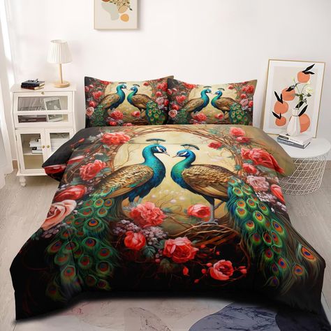 PRICES MAY VARY. 3PCS PEACOCK COMFORTER SET & COLLECTIONS - 1 Queen Retro Peacock Comforter 90"*90" + 2 Pillowcases 20"*30". (NOTE: Pillow and Sheet are NOT included). CRAING TIPS - The Retro Peacock Floral comforter set Queen size is machine washable. Wash gently in cold water, do not rinse. Air dry in the sun or tumble dry on low. UNIQUE DESIGN - Whether it's geometric shapes, dreamcatcher nets, animal prints or black girls, our patterns are the most fashionable and avant-garde designs, guaran Peacock Bedding, Velvet Duvet, Full Bedding Sets, Reversible Comforter, Twin Bed Sets, King Bedding Sets, Queen Bedding Sets, Bed Sets, Duvet Bedding Sets