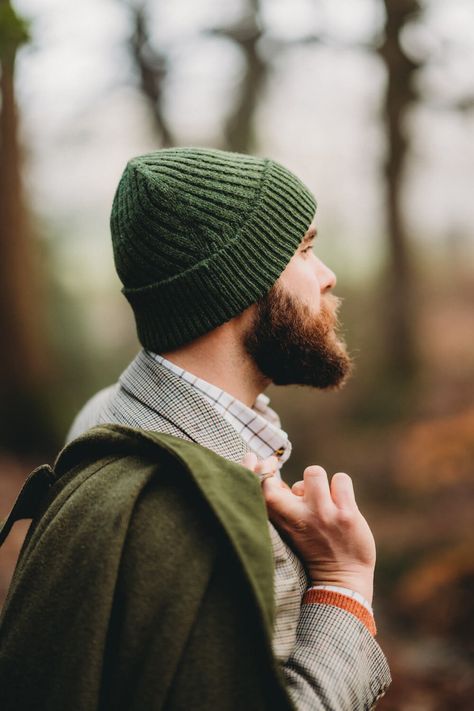 Mens beanie hat in dark green, Handmade in Scotland. #MensHat #GiftsForMen #BeanieHat Green Beanie Aesthetic, Green Winter Hat, Knit Hat For Men, Brand Shoot, Men's Beanies, Men's Scarf, Green Hat, Mens Beanie, Bobble Hats