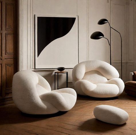 Surrealistic Bouclé Chair Design in a minimalistic neutral colored interior. 🤍🤎🖤 #wabisabi #japandi #wabisabiinteriors #japandiinterior #interiordesign #homedecor #3dinteriordesign #boucle #whitechair Wasabi Living Room, Boucle Sofa Living Room Ideas, Japandi Furniture Design, Japandi Chair, Arm Chair Design, Sofa Unique, Japandi Furniture, Japandi Interiors, Earthy Home Decor