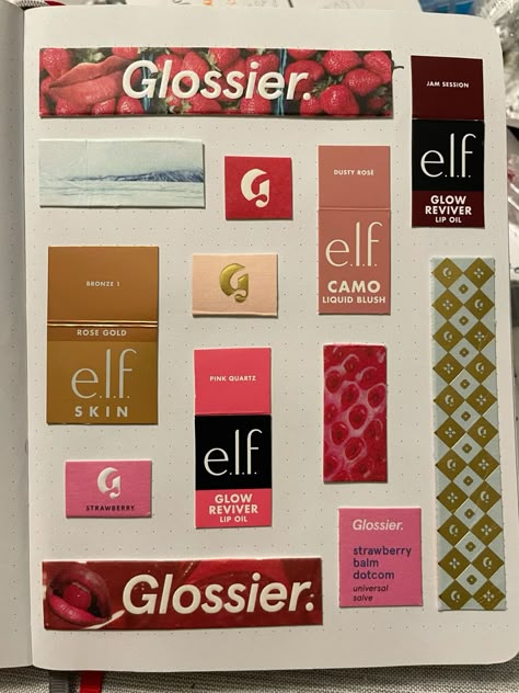 sephora - glossier - elf makeup - lip gloss - blush - aesthetic journal page - unique journal idea Makeup Scrapbook Ideas, Make Up Journal, Makeup Journal Page, Makeup Journal Ideas, Makeup Scrapbook, Scrapbook Notes, Glossier Packaging, New Years Resolution Ideas, Journaling Page Ideas