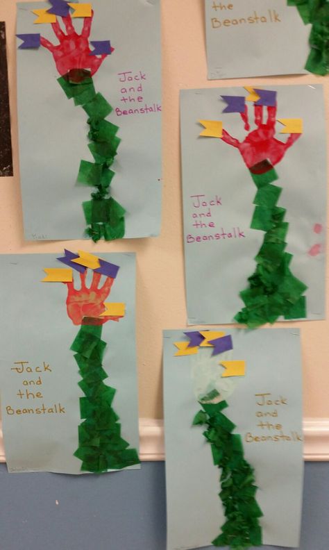 Preschool nursery rhyme craft. Jack and the Beanstalk. From the Firefly class. Fairytale Art Activities For Preschool, Fairy Tales And Nursery Rhymes Preschool, Preschool Fairy Activities, Folk Tales Activities Preschool, Fairy Tales Preschool Art, Fairytale Art Preschool Craft Ideas, Imagination Unit Preschool, In My Imagination Prek Theme, Fairy Tales And Nursery Rhymes Crafts