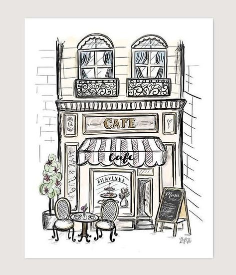 French Buildings, Lily And Val, Building Drawing, Nursery Room Inspiration, French Cafe, Set Of 3 Prints, Floral Illustration, Types Of Art, Illustration Print