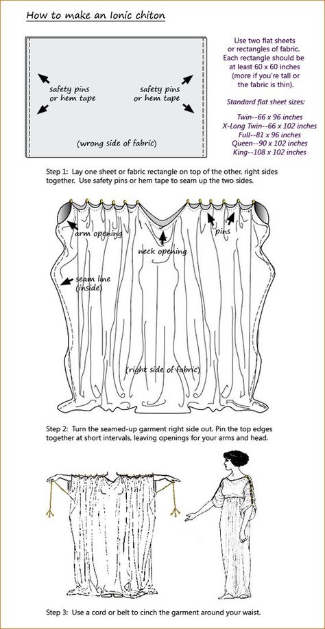 How to make an Ionic chiton.  Useful for lots of ancient costumes! Oracle Costume, Chiton Dress, Ionic Chiton, Mary Poppins Kostüm, Roman Clothes, Roman Dress, Weeping Angels, Toga Costume, Greek Dress