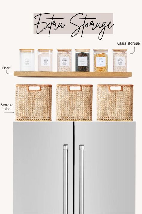 [Promotion] For Anyone With A Small Apartment Kitchen, You Need To Do These Fridge Organization Ideas! It Will Make Your Life So Much Simpler. Plus, It Looks Freaking Adorable! #smallapartmentkitchenstorageideasmodern Storage Over Fridge Ideas, Top Of Fridge Storage Ideas Baskets, Over Fridge Decor, Baskets On Top Of Fridge, Open Shelf Above Fridge, Over Fridge Storage Ideas, Top Of Refrigerator Storage, Shelf Over Refrigerator, Above Fridge Storage Ideas