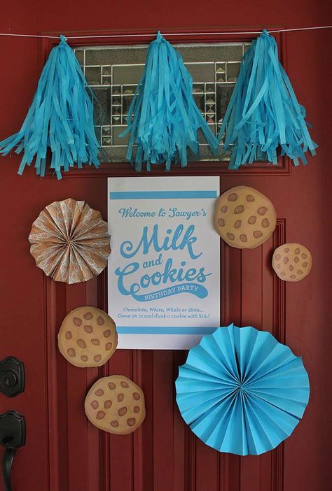 A Milk and Cookies Sweet 2nd Birthday Celebration | CatchMyParty.com Milk And Cookies Party, Milk And Cookies Birthday, Cookies Birthday Party, Cookie Birthday Party, Cookies Party, First Birthday Sign, Cookie Monster Party, First Birthday Posters, Cookie Monster Birthday