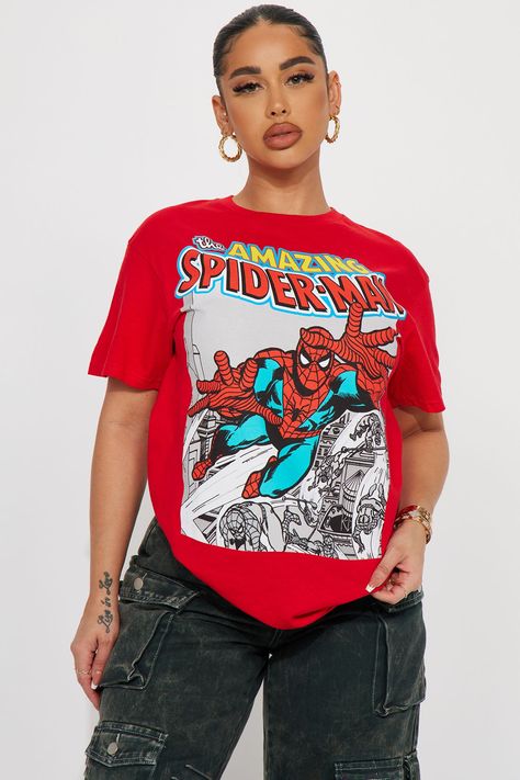 Spiderman Graphic, Spiderman Outfit, The Amazing Spiderman, Spiderman Shirt, Women's Graphic Tees, Superhero Shirt, Red T Shirt, White People, Cute Comfy Outfits