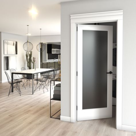 This timeless 1 Lite French door features a sophisticated and minimalist design. This beautiful door will suit any room, enlarging the ambience to give a warm and cozy felling. The frosted glass lets light through, saving on energy while offering privacy. Having a solid wood core and tempered glass panel, this door offers extra safety for you and your loved ones. This solid wood door is made from planted forest trees in accordance with FSC regulations, being an environmentally friendly product. Glass Office Doors, Painted French Doors, White French Doors, Frosted Glass Interior Doors, Slab Doors, Barn Door Installation, Frosted Glass Door, Glass Panel Door, Glass Doors Interior