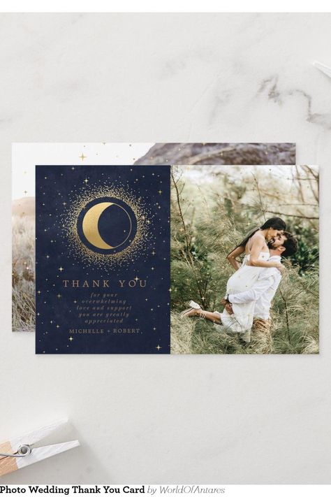 Celestial Stars Two Photo Wedding Thank You Card Wedding Celebration Invitation, Celestial Stars, Burgundy Background, Date Invitation, Photo Save The Date, Elegant Font, Formal Invitation, Wedding Save The Date, Burgundy And Gold