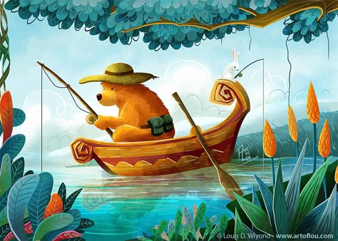 Bear Fishing, Boat Illustration, Novel Cover, Cartoon Fish, Fish Illustration, Picture Books Illustration, Bear Illustration, Fish Drawings, Illustration Ideas