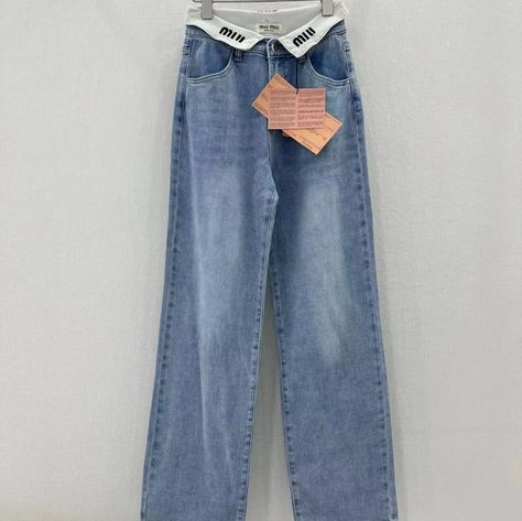 Miu Miu light blue jeans Miumiu Dress, Straight Leg Overalls, Miu Miu Denim, Race Outfit, Fashion Dream Job, Simple Style Outfits, Model Looks, Normal Clothes, Light Blue Jeans