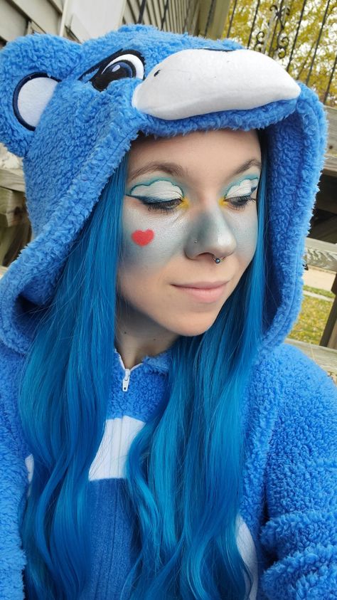 #CareBearmakeup #Grumpy #makeup #Halloween #Halloweenmakeup Blue Care Bear Makeup, Love A Lot Care Bear Costume, Carebear Makeup Halloween, Care Bear Costume Makeup, Care Bear Halloween Makeup, Carebear Make Up, Grumpy Bear Costume, Care Bears Makeup Look, Blue Face Makeup Halloween