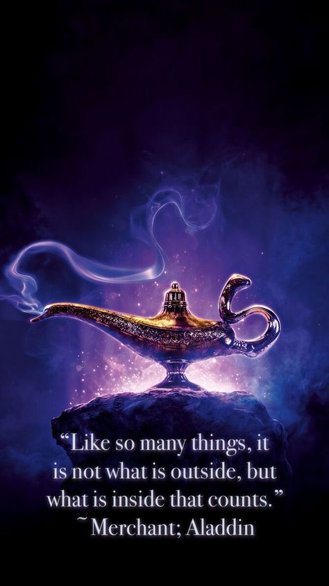 Wallpaper for iPhone 6s, 7, 8, and SE 2020 with a picture of the genie bottle from Aladdin is shown. It has a purple background and the quote: “Like so many things, it is not what is outside, but what is inside that counts.” ~ Merchant; Aladdin, in the center. Genie Wallpaper Iphone, Disney Wallpaper Aladdin, Genie Quotes, Iphone Wallpaper With Quotes, Genie Quotes Aladdin, Aladdin Quotes, Genie In A Bottle, Genie Bottle, Poem Quotes