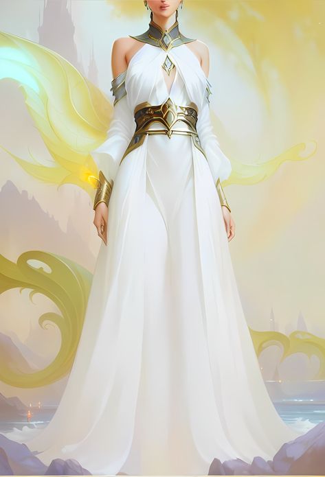 White And Gold Fantasy Outfit, White And Gold Fantasy Robes, White Gold Fantasy Dress, Athena Outfit Aesthetic, Fantasy Angel Outfit, Godlike Outfits, Oracle Outfit, Fantasy Dress Goddesses, Fantasy Royal Clothing