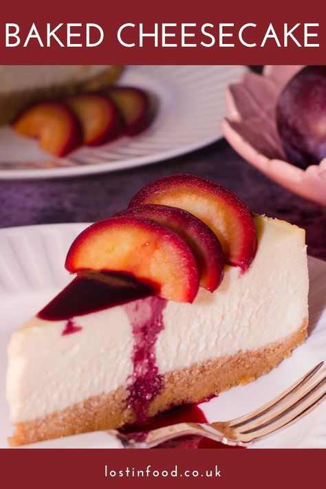 vanilla baked cheesecake with mulled plums Plum Cheesecake, Plum Syrup, Dinner Party Dessert, Decadent Dinner, Festive Meals, Light Cheesecake, No Bake Vanilla Cheesecake, Christmas Cheesecake, Dinner Party Desserts