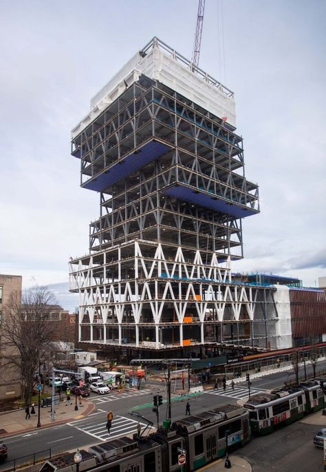 BU’s Center for Computing & Data Sciences is Taking Shape | BU Today | Boston University Structural Model, Building Design Plan, University Housing, Diy Crate, White Beams, Steel Structure Buildings, High Building, Building Drawing, Boston University