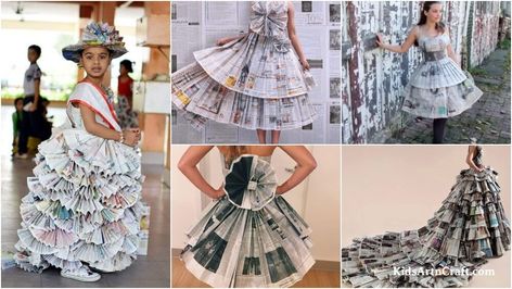 DIY Newspaper Costume Ideas - Kids Art Newspaper Dress For Kids, Newspaper Costume, Newspaper Dress Fashion, Newspaper Dress Diy, Newspaper Skirt, Newspaper Shirt, Crown Halloween Costume, Costume Ideas For Kids, Flower Dress Design