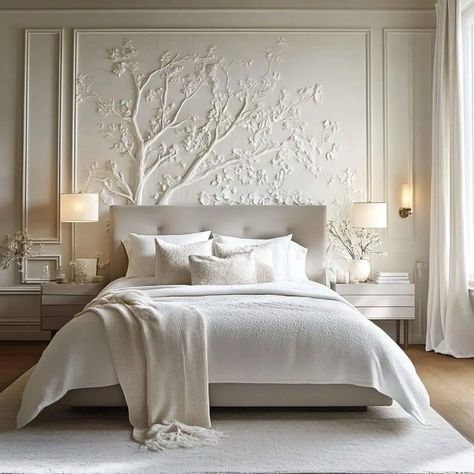 Wall Decoration Ideas ✨️ #walldecor #walldesign #walllightdesign #walldecorationforlivingroom #homedesignsdworld #explorepage #explore #latestdesigns Plaster Decor, Cream And White Bedroom, Embossed Wall, Wall Decoration Ideas, French Style Homes, Interior Design Work, Wall Lighting Design, Luxurious Bedroom, Clay Wall