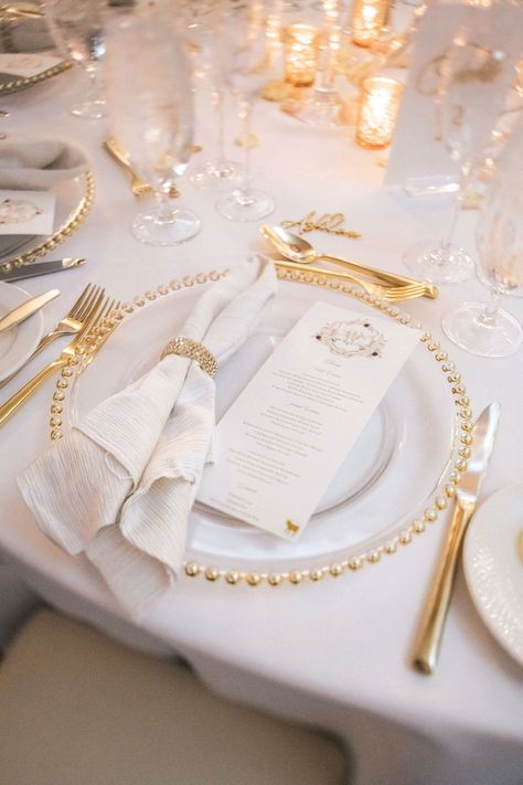 Classic Clothing Style, White And Gold Wedding Themes, Beaded Charger Plates, Pearls Wedding Theme, Wedding Plate Setting, Gold Wedding Reception, White Weddings Reception, Wedding In Florida, White Wedding Decorations