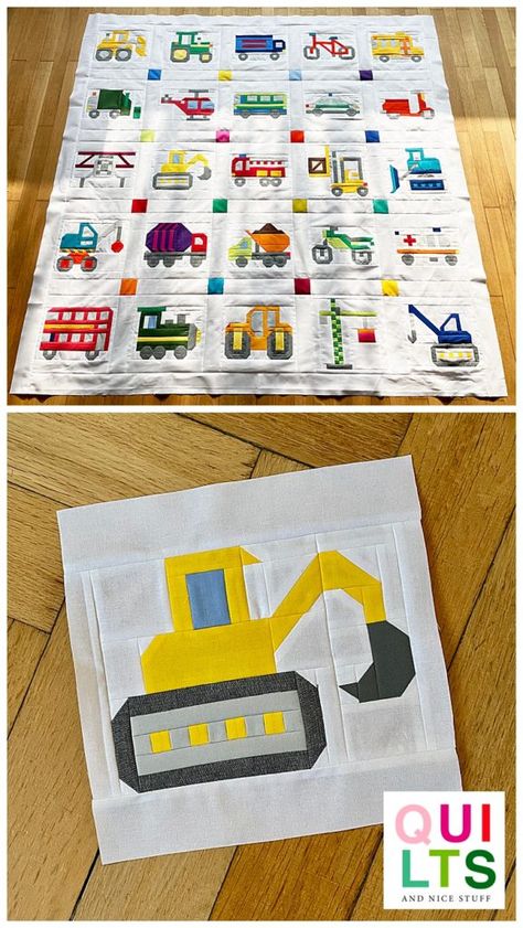 Vehicle Quilt Pattern, Excavator Quilt Pattern, Solid Color Quilts Simple, Quilts For Baby Boys, Little Boy Quilts Ideas, Toddler Quilt Pattern, Patchwork Quilts Modern, Kids Quilts Ideas, Boy Quilts Ideas