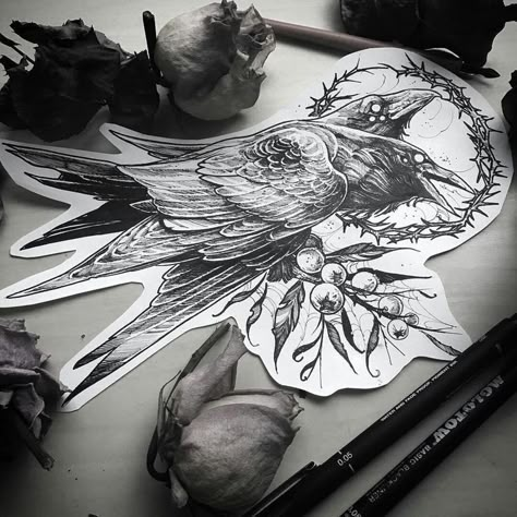 Rabe Tattoo, Neotraditional Tattoo, Odin's Ravens, Swallow Tattoo, Crow Tattoo, Raven Tattoo, Raven Art, Dark Art Tattoo, Desenho Tattoo