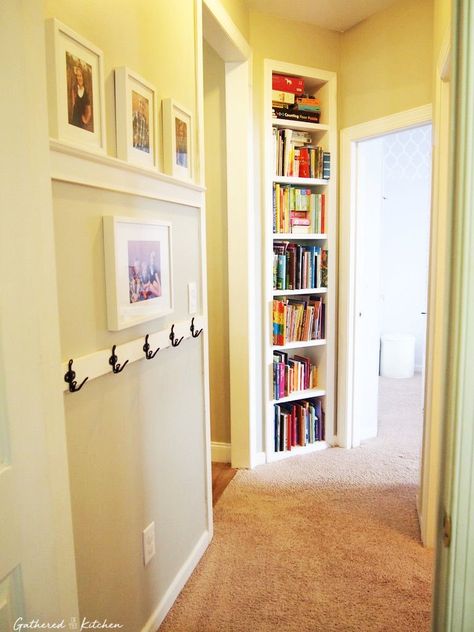 Built In Bookshelves Between Studs, Diy Built In Shelves Between Studs, Bookshelves Between Studs, Between The Studs Bookshelf, Bookshelf Between Studs, Hallway Bookshelves Built Ins, Between Stud Shelves, End Of Hallway Bookshelf, Recessed Bookshelf In Wall