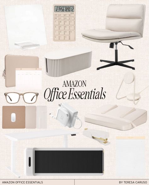 Amazon Office Supplies, Office Decor For Workplace, White Office Accessories, Neutral Aesthetic Desk, Home Office Desk Accessories, Amazon Desk Chair, Modern Desk Organization, Home Office Essentials List, Work Essentials Women