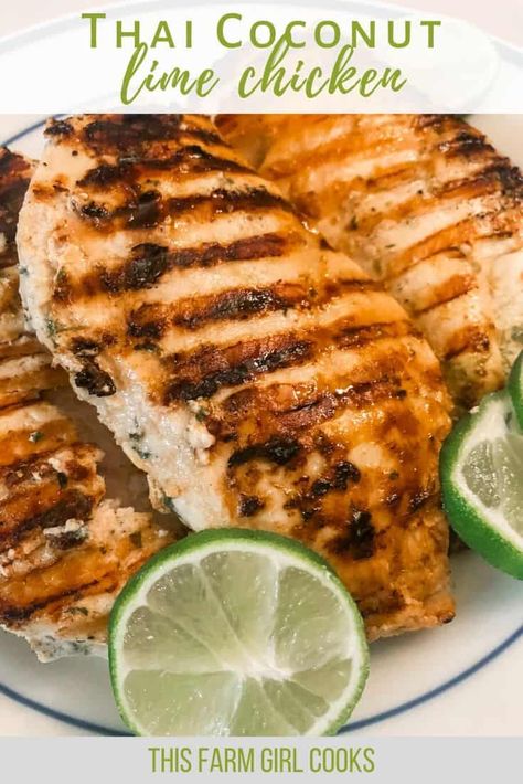 Thai Coconut Lime Chicken can be grilled, baked or cooked on the stovetop in a skillet. It's an easy and healthy recipe with a marinade of coconut milk, lime and ginger that will make your taste buds happy! #cleaneating #coconutchicken #healthyeating #whole30 #dairyfree Thai Coconut Lime Chicken, Baked Food Recipes, Tractor Meals, Gluten And Dairy Free Breakfast, Freezer Meal Labels, Frozen Meal Prep, Farm Meals, Chicken Keto Recipes, Cilantro Lime Brown Rice