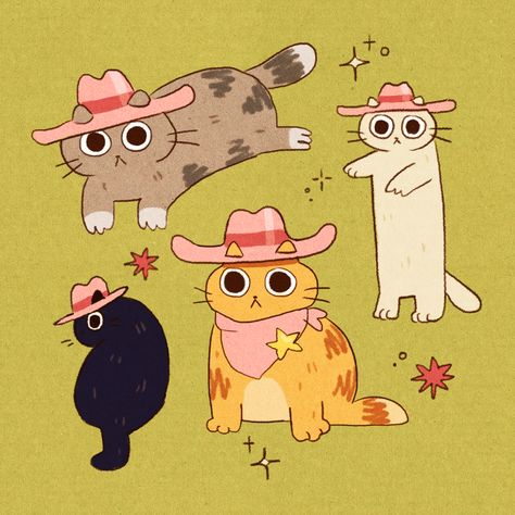 Cute Doodles Of Cats, Fun Cat Illustration, Fun Animal Drawings, Cute Digital Illustration, Tabby Cat Doodle, Simple Cute Illustration, Cutsie Drawing, Cowboy Cat Drawing, Cat And Dog Doodle