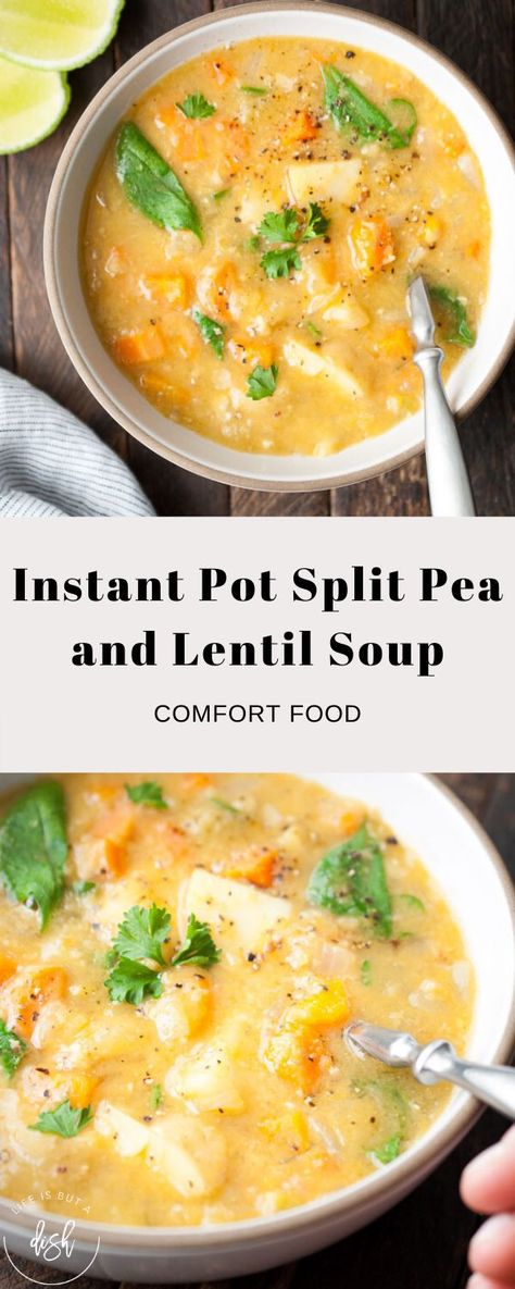 This Instant Pot Split Pea and Lentil Soup is perfect for a rainy day. Feed the whole family while feeling confident you provided a healthy meal! #lifeisbutadish #lentilsoup #instantpotsoup #splitpeasoup Keto Split Pea Soup Recipe, Vegetarian Split Pea Soup Instant Pot, Lentil And Split Pea Recipes, Instant Pot Yellow Split Pea Soup, Split Lentil Recipes, Yellow Split Pea Recipes, Instant Pot Pea Soup, Split Pea And Lentil Soup, Split Pea Soup Instant Pot