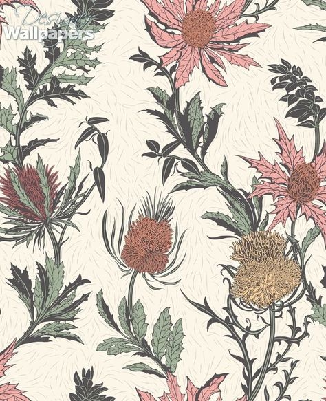 Thistle wallpaper by Cole and Son is a beautifully illustrated floral motif design featuring one of Scotland’s national wild plants. A large bold design featuring trailing leaves and exposed buds, it takes the form of a screen print with a chalky matte finish to add texture and a striking feel. A lovely addition to Cole and Son’s Botanical wallpaper collection, Thistle works beautifully in any room in today’s contemporary home, particularly a sitting room, hallway or bedroom. Multicoloured Wallpaper, Thistle Wallpaper, Son Wallpaper, Flock Wallpaper, Cole And Son Wallpaper, Thistle Flower, Floral Damask, Wallpaper Rolls, Orange Wallpaper