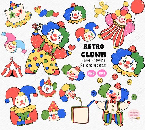 Clown Circus Illustration, Clown Circus Aesthetic, Scene Stickers Png, Cute Clown Illustration, Fun Shirt Designs, Clowncore Decor, Circus Graphic Design, Clown Astethic, Cute Clown Art