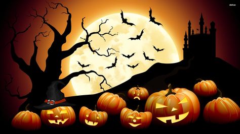 Jack-o'-lanterns on Halloween night wallpaper - Holiday wallpapers ... Halloween Night Wallpaper, Halloween Captions, Holiday Wallpapers, Funny Wishes, Halloween Quotes Funny, Halloween Eve, Trippy Drawings, Night Wallpaper, Halloween Artwork