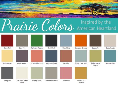 The color palette for Prairie Colors paint! For info, contact cori {at} flyingc-diy.com! Oklahoma Color Palette, Colour Palette Orange, Paint Pallets, Prairie School, Prairie Home, Indian Paintbrush, Green Tractors, Red Dirt, Easter Parade