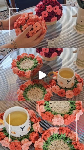 Crochet Coasters In A Pot, Flower Pot Coasters, Crochet Flower Pot Coaster, Flower Pot Coaster Crochet, Coaster Flower Pot Crochet, Crochet Flower Coasters In Pot, Crochet Bouquet Coaster, Give Me Everything, Centre Pieces