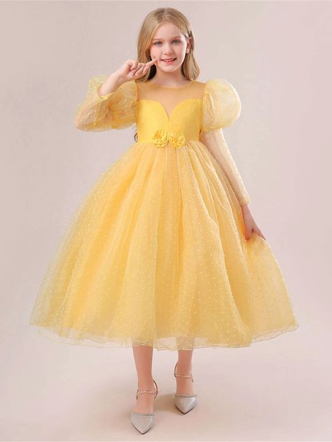 Girls Stereo Flower Gigot Sleeve Tie Back Mesh Party Dress | SHEIN USA Kids Yellow Dress, Yellow Princess Dress, Yellow Flower Girl Dresses, Girls Yellow Dress, Mesh Party Dress, Yellow Party, Girls Clothing Online, White Flower Girl Dresses, Kids Gown