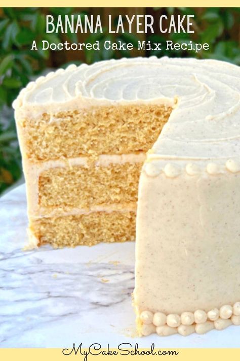 Easy Banana Cake Recipe Banana Flavored Cake, Easy Banana Cake Recipe, Banana Layer Cake, Easy Banana Cake, Banana Cake Mix, Doctored Cake Mix Recipes, Banana Cake Recipe Easy, Cake Mix Doctor, Doctor Cake