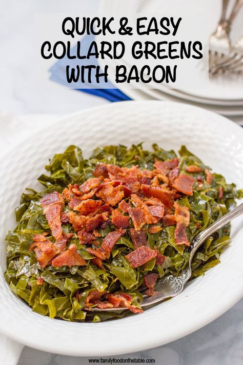 Quick Southern collard greens with bacon are a fast and easy version of this Southern favorite! A great anytime side dish and perfect for New Year's Day! #collards #Southerngreens #collardgreens #newyearsday Easy Collard Greens Recipe, Greens With Bacon, Collard Greens With Bacon, Southern Collard Greens, Southern Greens, Collard Greens Recipe, Vegetarian Barbecue, Food On The Table, Slow Cooker Vegetarian