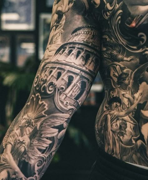 Roman Sheild Tattoos, Angel Leg Sleeve, Greek Mythology Forearm Tattoo, Sculpture Tattoo, Leg Tats, Antique Tattoo, Black Sleeve Tattoo, Roman Tattoo, Gladiator Tattoo