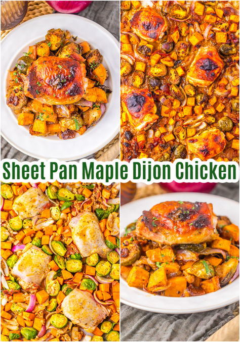 Sheet pan maple Dijon chicken is a complete and flavorful meal, all on one pan. The chicken is tossed in a mix of seasonings, maple syrup, and mustard before it is cooked with bacon, brussels sprouts, sweet potatoes and onions for a delicious dinner. Maple Dijon Chicken Sheet Pan, Sweet Potatoes And Onions, Maple Dijon Chicken, Bacon Brussels Sprouts, Potatoes And Onions, Dijon Chicken, Sheet Pan Suppers, Cooking Bacon, Chicken Sweet Potato